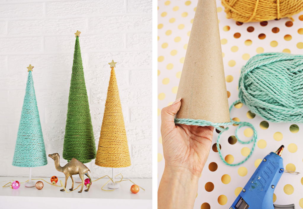 Adorno de árbol de navidad con cono de cartón y envuelto en cuerda de color. Manualidades para niños paso a paso. 